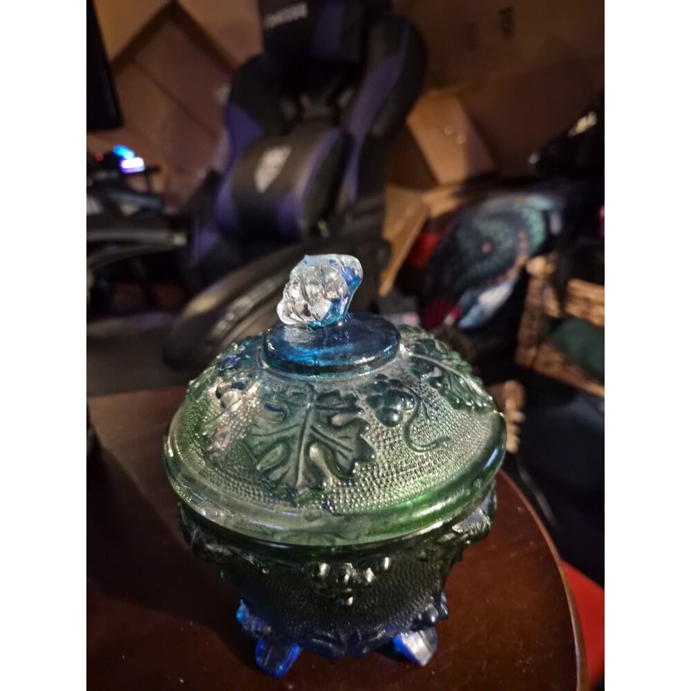 JEANETTE CARNIVAL GLASS BLUE GREEN FOOTED CANDY DISH - GRAPE PATTERN